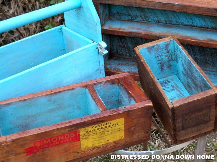 Turquoise and Tung Oil turquoise, tool boxes, crates, distressed painting, tung oil