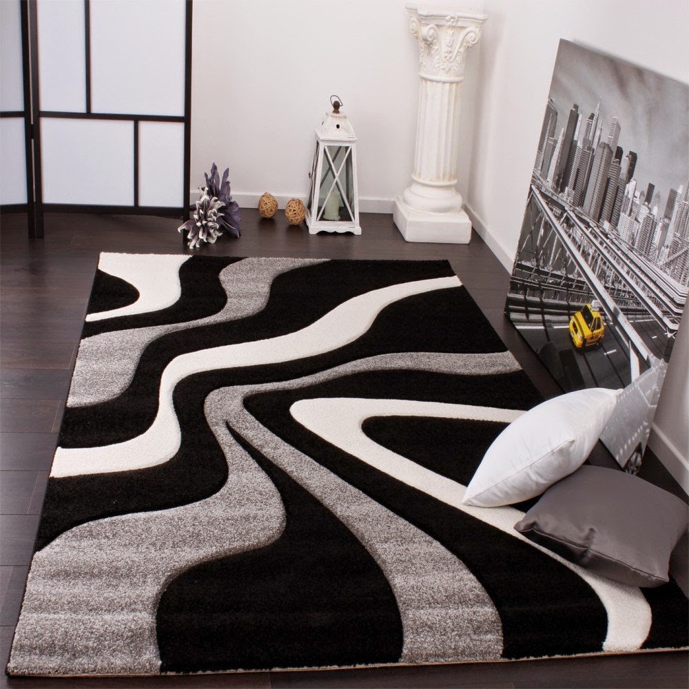 Salon blanc noir gris: canape angle noir blanc carrelage blanc ...