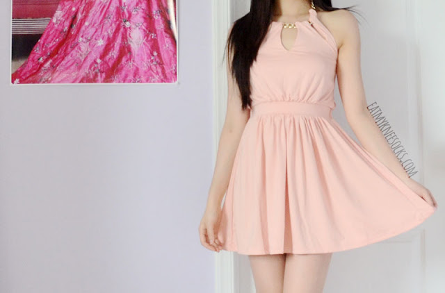 WalkTrendy - Pink Halter Dress Modeled More photos of the cute pastel pink halter dress with neckline cutouts from WalkTrendy.
