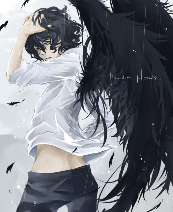 Rol Spiri Personajes - Página 5 25617+-+angel+black_hair+feathers+gilbert_nightray+hair_grab+pandora_hearts+posing+rain+wings+yellow_eyes