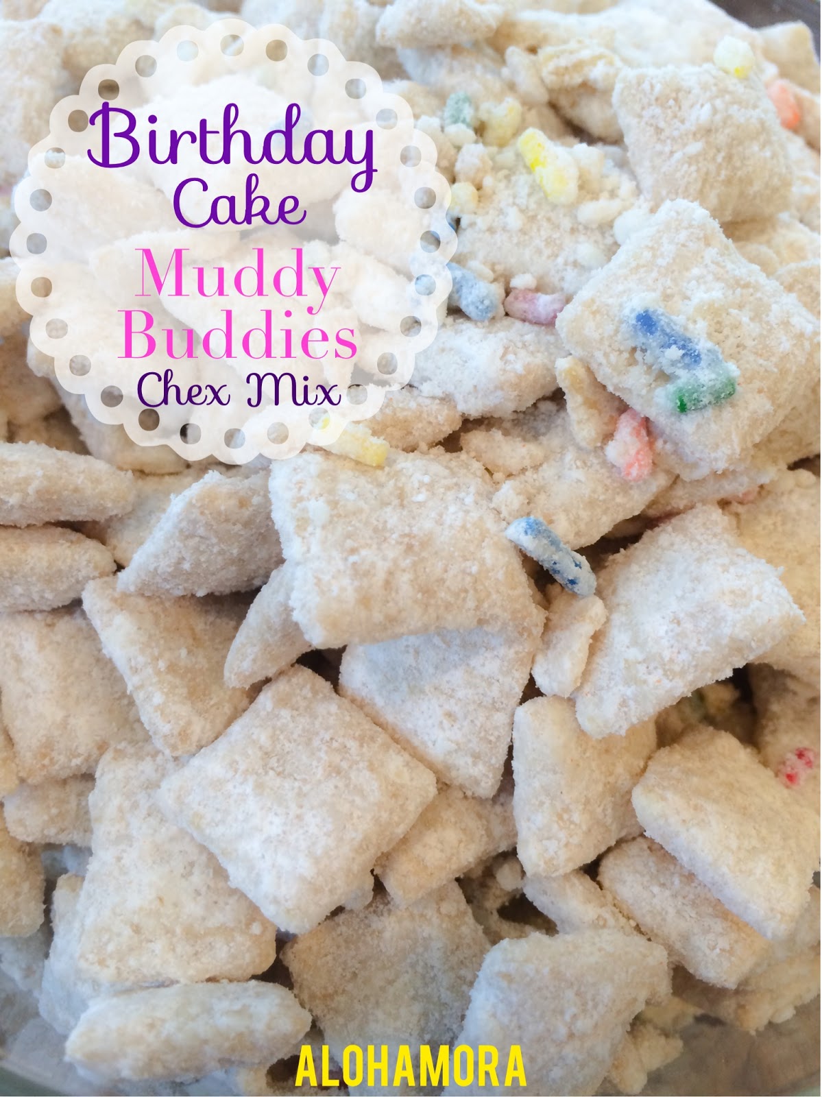 Alohamora Open a Book Birthday Cake Muddy Buddies (Puppy Chow) Chex Mix
