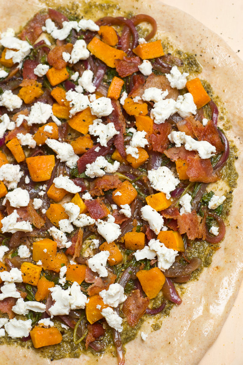 Roasted Butternut Squash Pizza with Pesto, Bacon, Goat Cheese