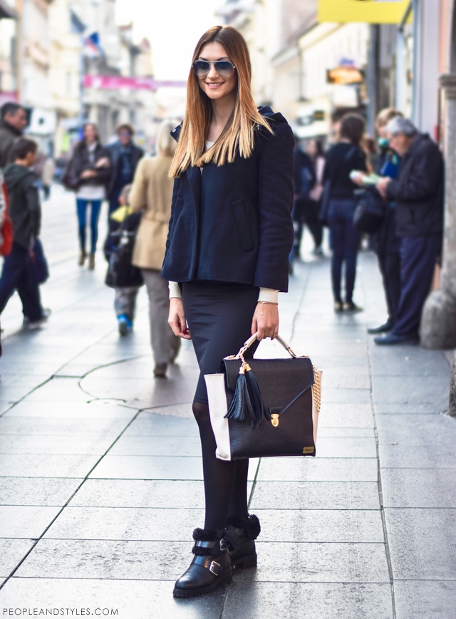 Elegant, stylish daily street style outfit idea, weekend look: pencil skirt, croped jacket and ankle boots, Mia Buljan