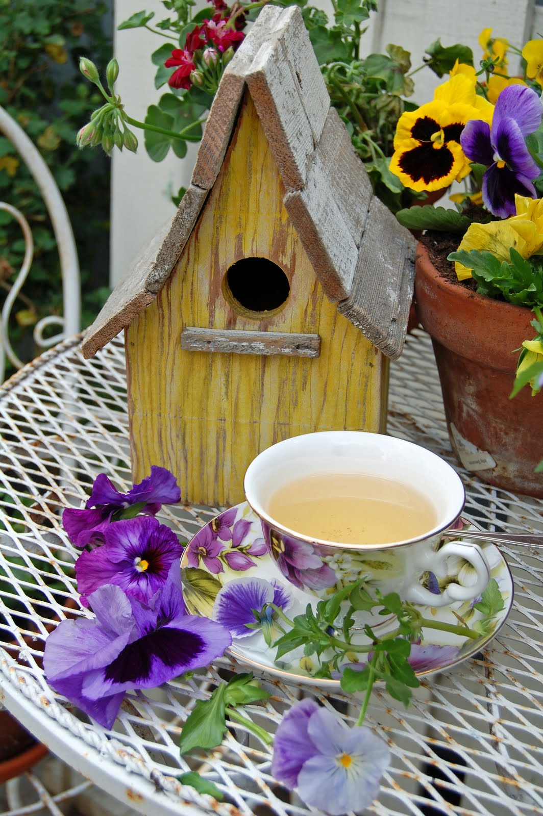 My Painted Garden Art Lesson Yellow Bird House and Pansies
