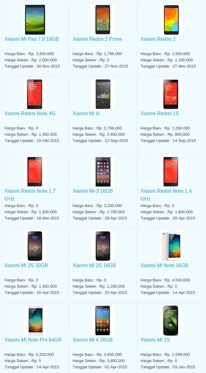 Daftar Harga Hp Xiaomi Januari 2016 Daftar Harga Hp Xiaomi Januari 2016