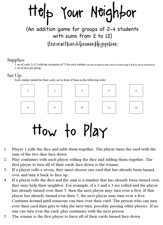 Addition Facts to 12 Game from The Research Based Classroom