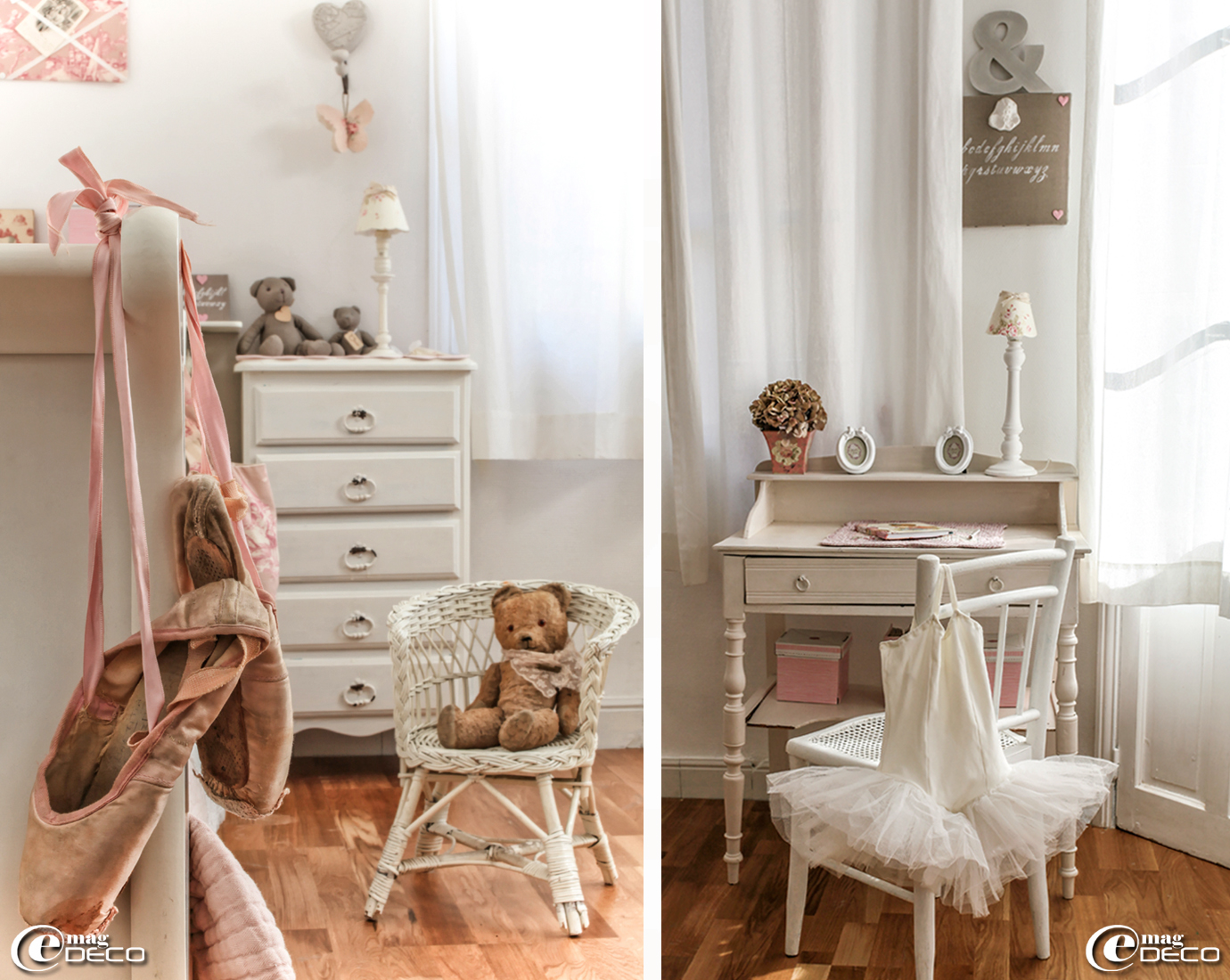 Vieille paire de pointes 'Repetto' accrochée au pied d'un lit d'enfant, bureau ancien patiné de blanc 'Sur un air Gustavien', abécédaire au pochoir