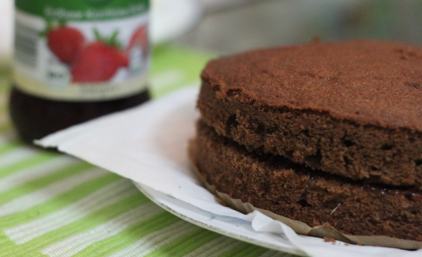 Two Cherries on Top Chocolate layer cake with strawberry jam filling