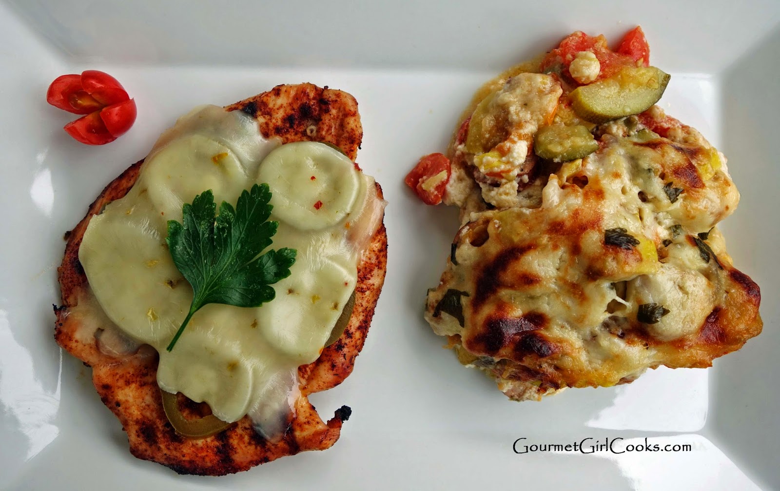 Gourmet Girl Cooks Grilled Chipotle Chicken & Andouille Ratatouille Bake