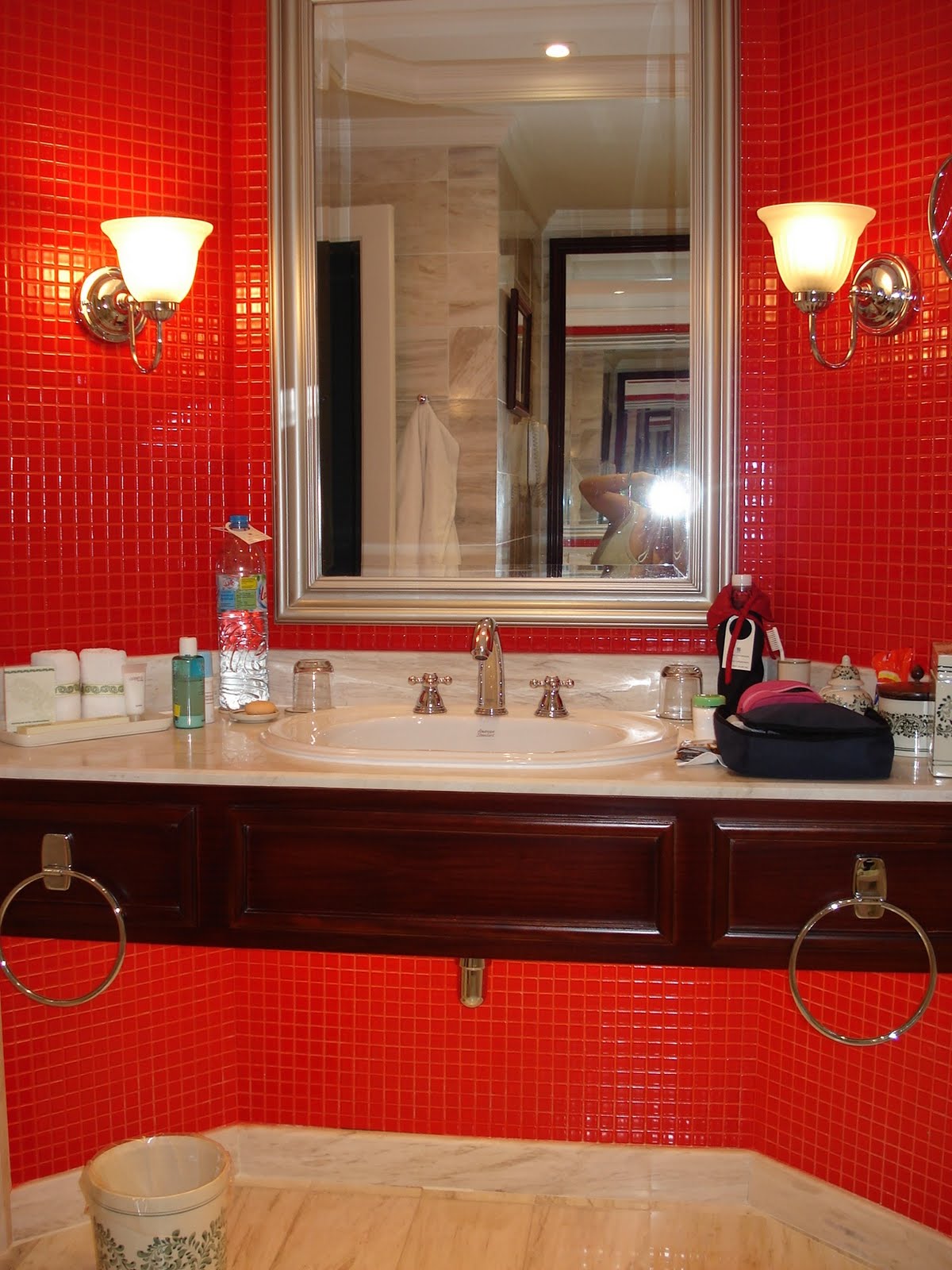 bathroom ideas white  white marble. The color scheme of red, black and white is the same for