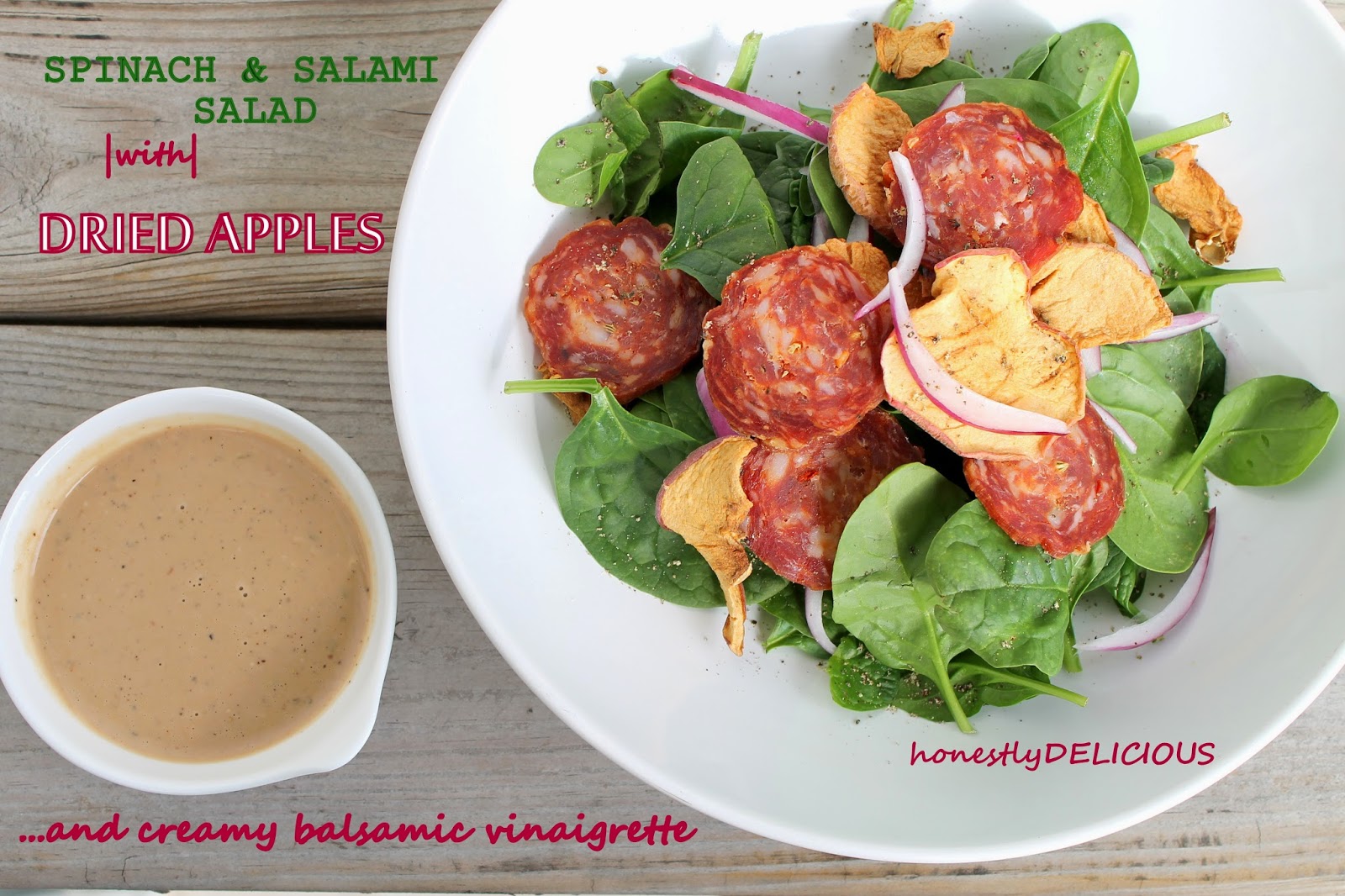 honestly delicious Spinach and Salami Salad with Dried Apples and