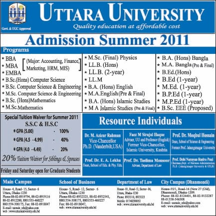 uttara university: Uttara university Admission Summer 2011