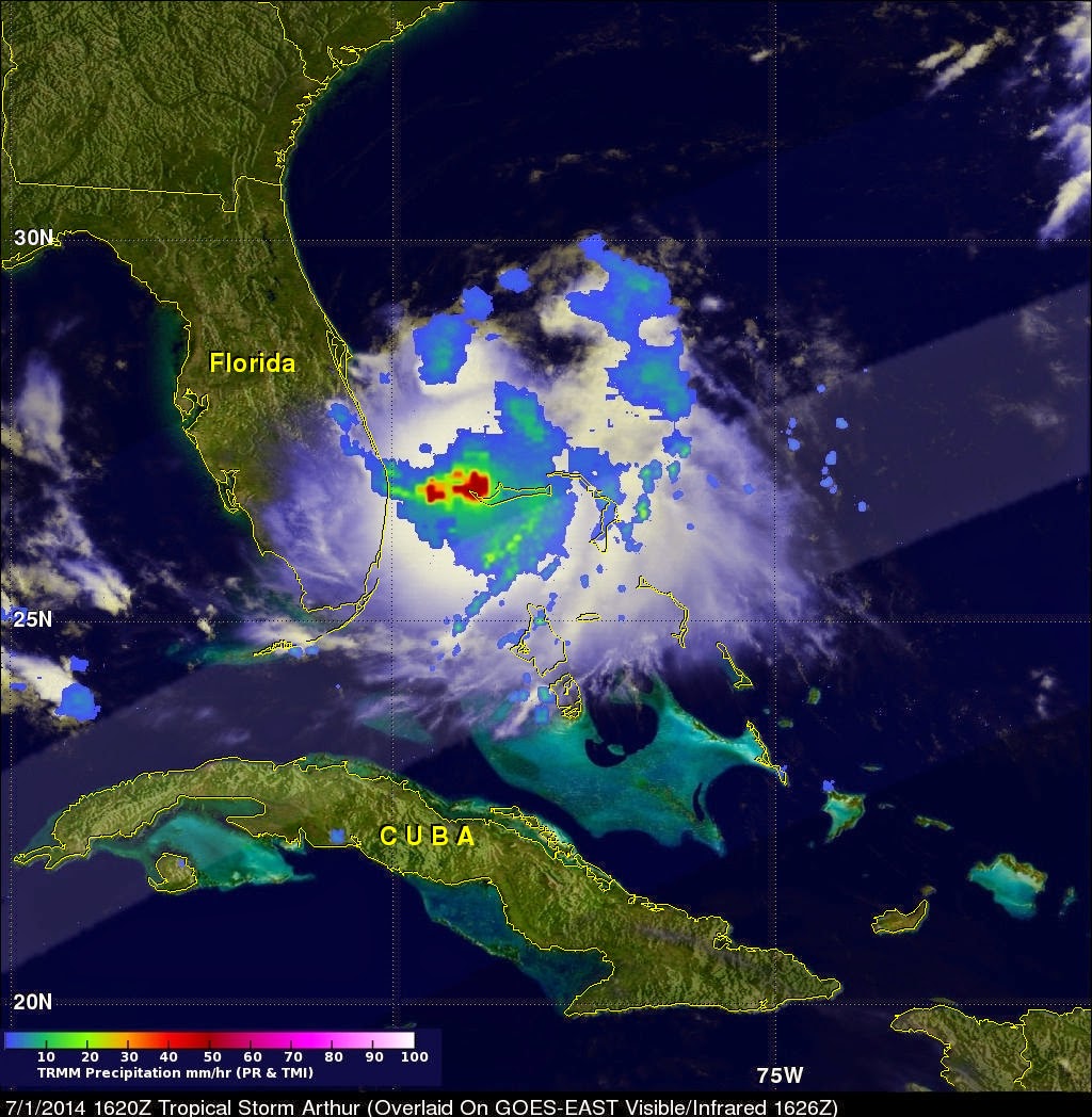 occurring in tropical storm arthur on july 1 2014 at 12 20 p m edt showed heavy rain red around the center of the storm image credit nasa ssai occurring in tropical storm arthur on july 1 2014 at 12 20 p m edt showed heavy rain red around the center of the storm image credit nasa ssai