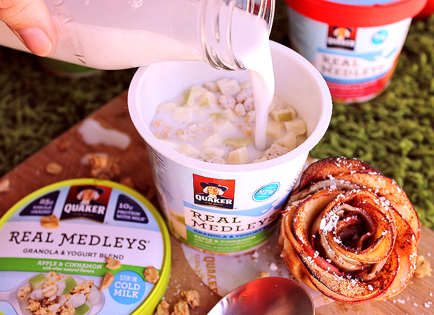 Discover crunchy, cool, yum NEW #QuakerRealMedleys in the Cold Ready-To-Eat Cereal aisle of your local Walmart. Just add 1/2 cup cold milk for a whoel grain granola, real fruit and nut, yogurt experience unlike anything you've tried before! Quaker® Real Medleys® Yogurt Cups pair perfectly with our simple Baked Apple Roses- recipe on the blog! (ad)