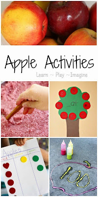 25 hands on learning activities with an apple theme including math, literacy, science, gross motor, and sensory play.