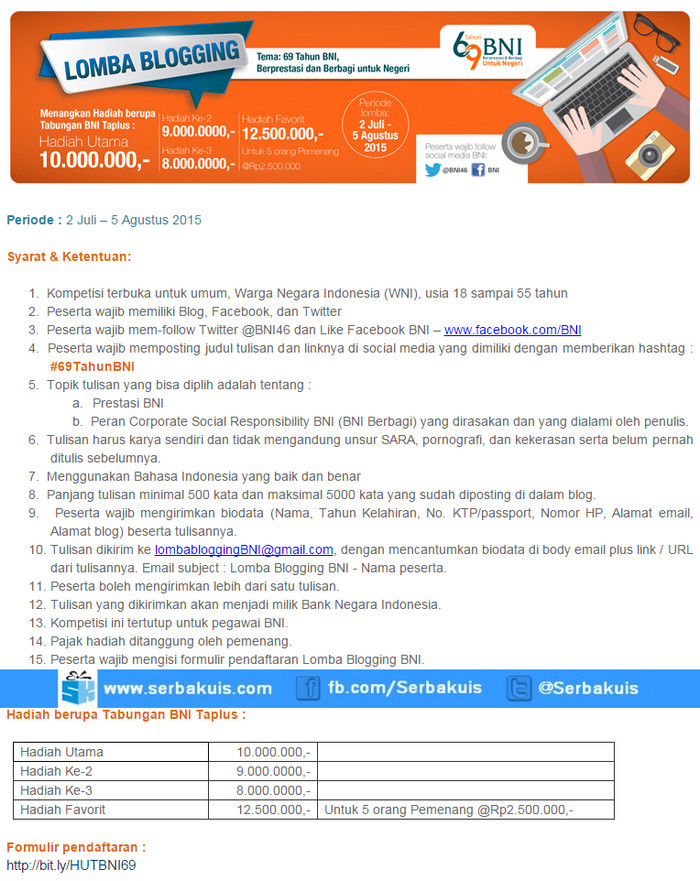 Kontes Blog 69 Tahun BNI Berhadiah Uang Total 39,5 Juta Kontes Blog 69 Tahun BNI Berhadiah Uang Total 39,5 Juta