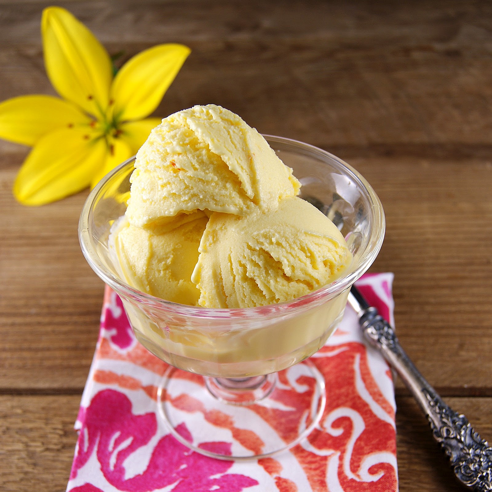 Patty's Food Spanish Saffron Olive Oil Ice Cream served with My Favorite Rustic Apricot Pie