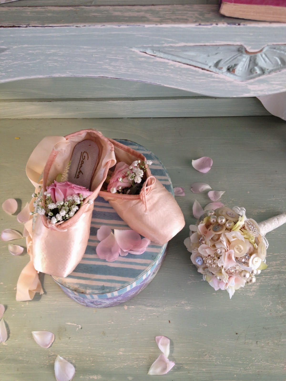 Ballet shoes and button bouquet