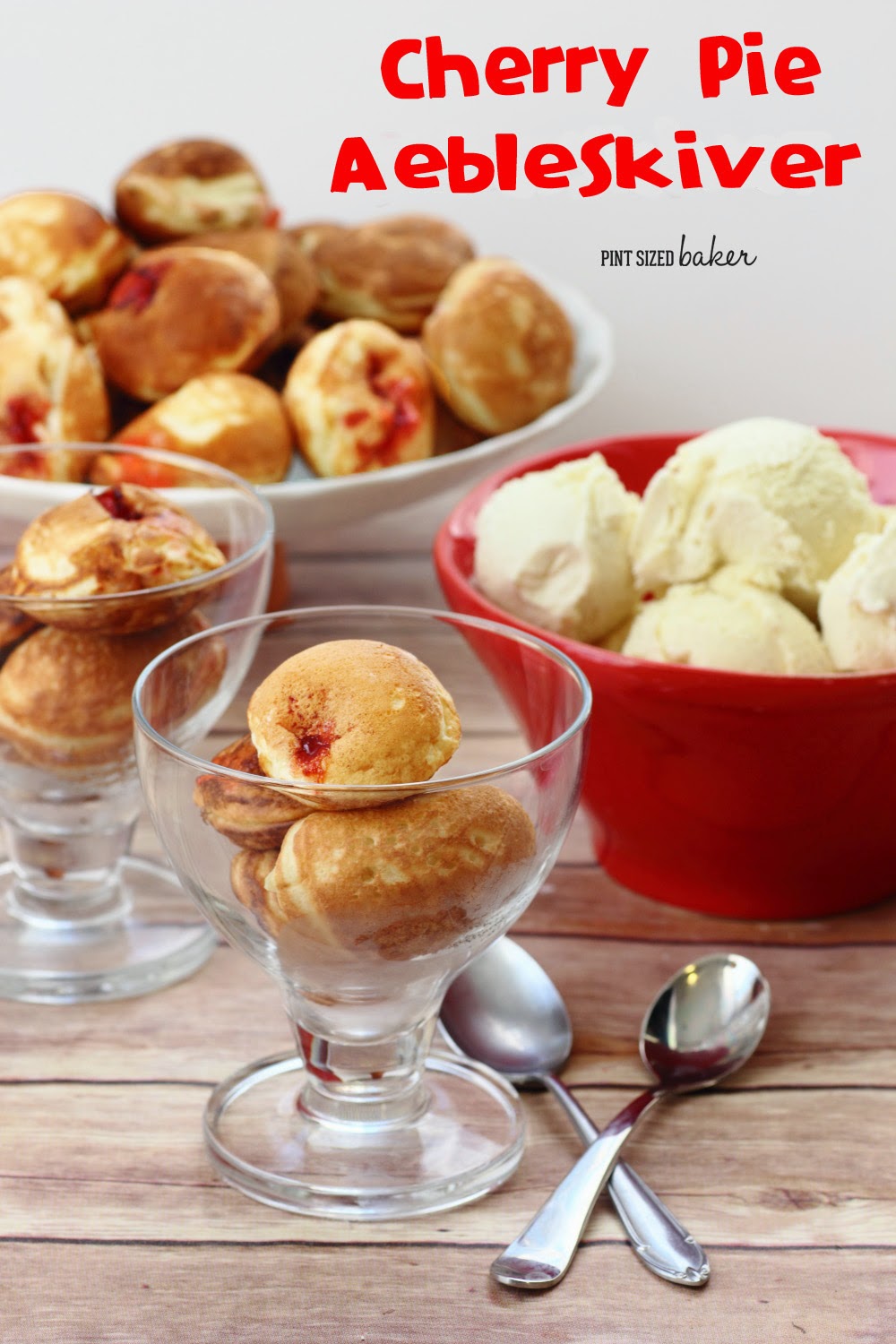 Cherry Pie Aebleskiver - Danish Pancake Puffs filled with a cherry center and then topped with ice cream!