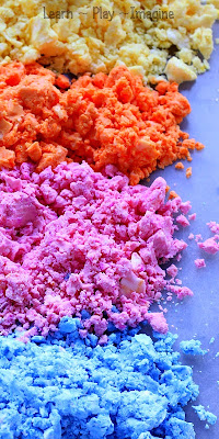 The most basic dough recipe ever, and it's so much fun!  It's crumbly and moldable and inexpensive to make.  Add fun scents and colors for simple sensory play for summer!