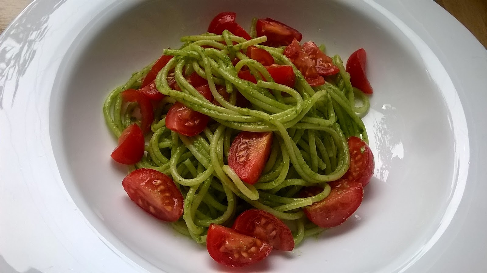 Everything Goes With Toast Linguine with wild garlic pesto & plum tomatoes