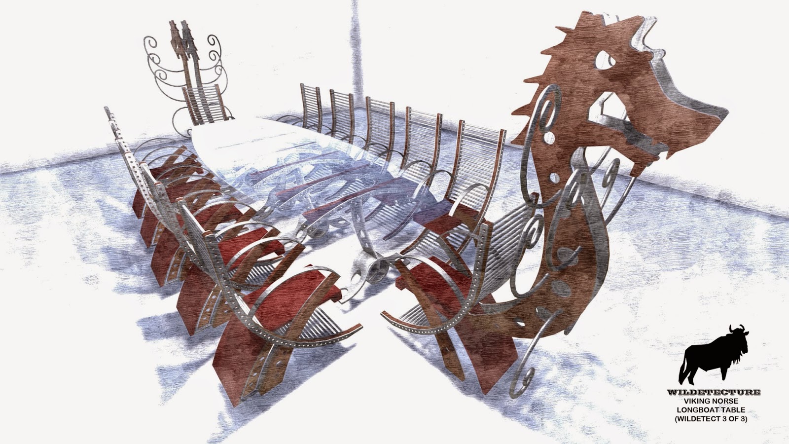 QJD Design studio wildetect viking norse longboat table heading for