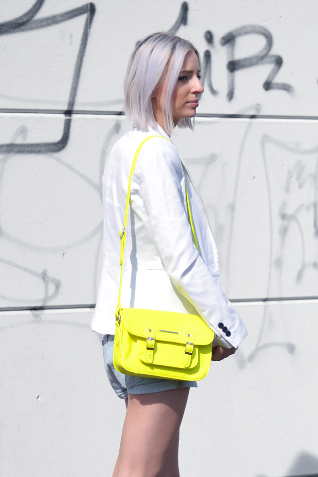 Bright yellow outfit, white blazer, zara, satchel bag, neon vans, ootd, summer 2015