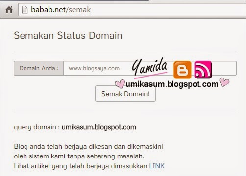 Cara semak status domain blog di laman ping babab.net, panduan semakan status domain di laman babab, cara letak kod auto ping babab.net dalam blog, laman ping artikel terbaik 2015, ping artikel blog, cara tingkatkan trafik blog dengan laman ping, gambar laman ping babab.net