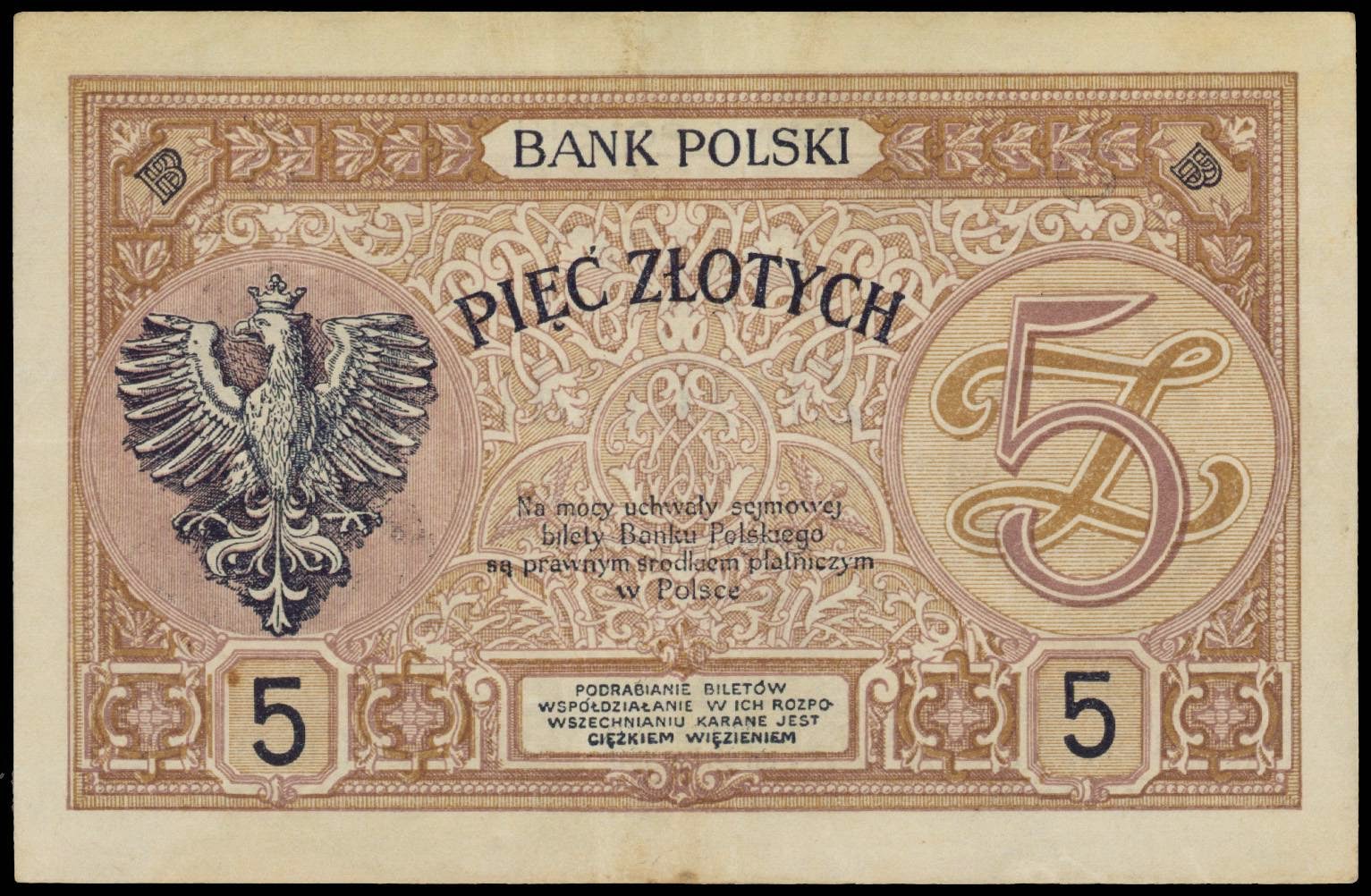 Poland 5 Zlotych banknote 1919World Banknotes & Coins Pictures Old