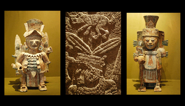 Merida Mexico Palacio Canton Archaeology Museum 2 Mayan clay figurines and one frieze example