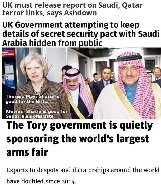 Mrs May plays sharia with the islamofascist Saudi dictator family - skipping Human Rights. Right