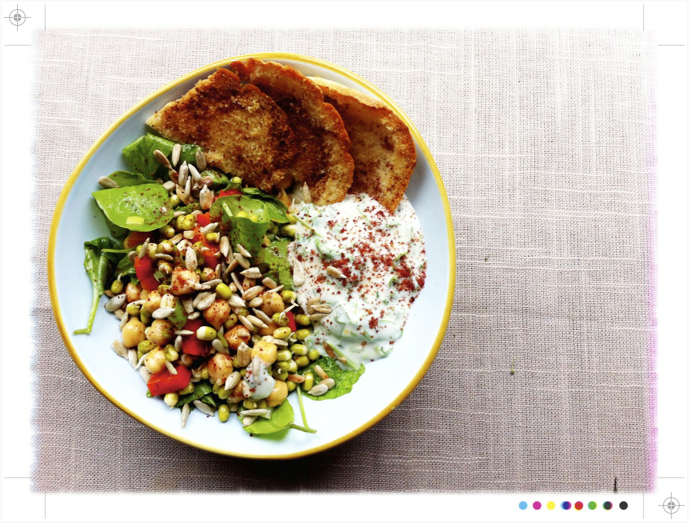 Toast Sprout and Chickpea Salad with Yoghurt and Toasted Sumac Pita