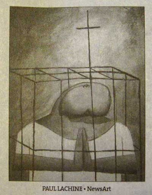 Drawing of a person inside a cage. The head looks like the glans of a circumcised penis