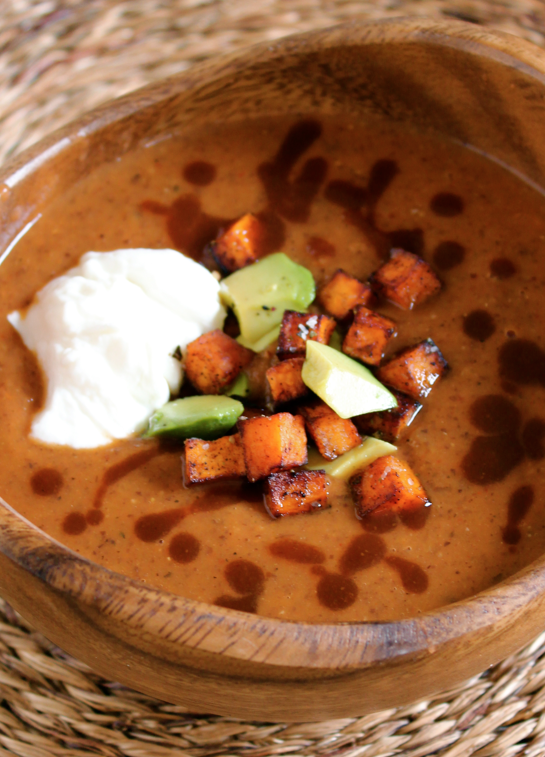 Scrumpdillyicious: Black Bean-Pumpkin Soup with Sweet Potato Croûtes