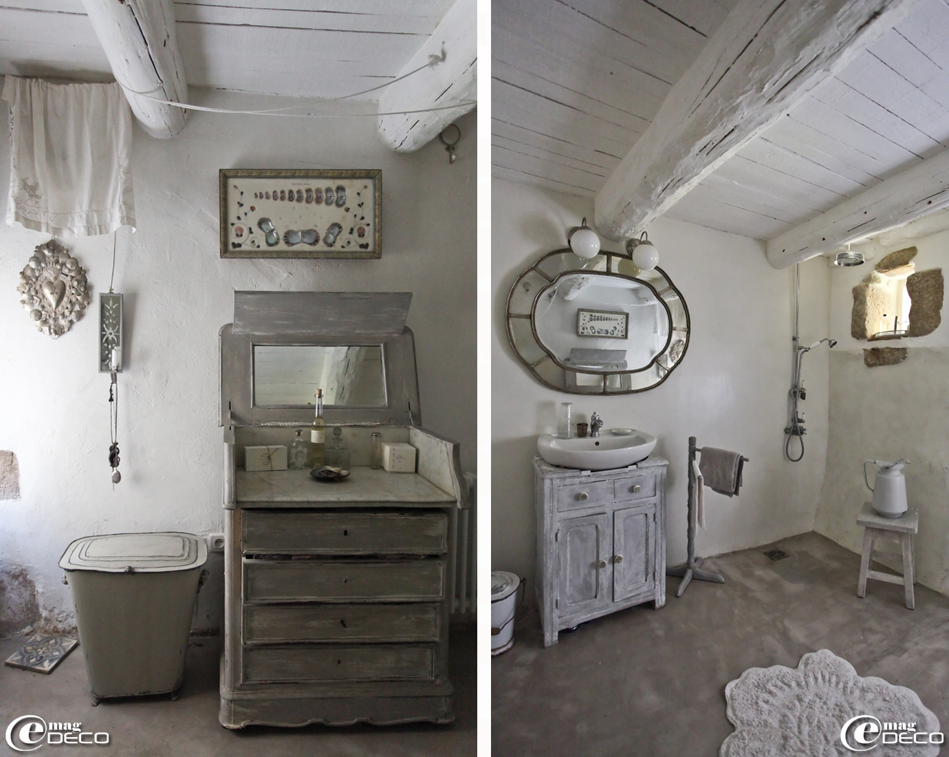 Dans une salle d'eau, corbeille à linge en métal, bougeoir en applique et un ex-voto, boutique Clair de Lune à Uzès, collection de nacres, Roberto la brocante à Uzès, Miroir Athezza