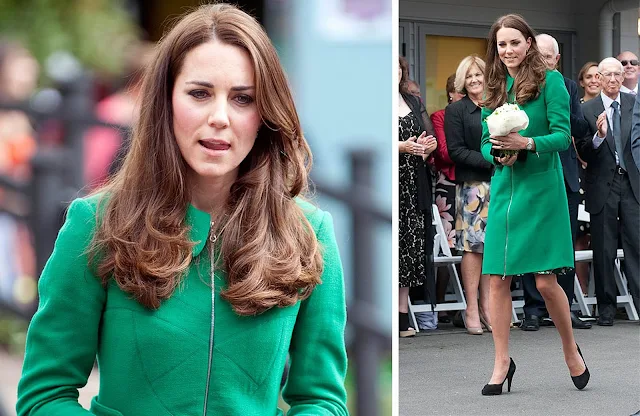 The Duchess wore a striking green Erdem coat,