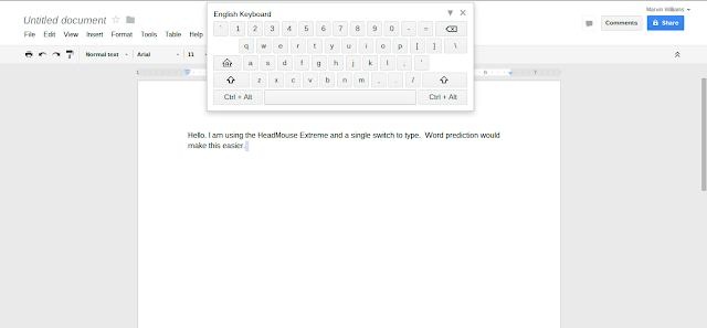 Screen shot of a google doc open and the on-screen keyboard being used to enter text into the doc.