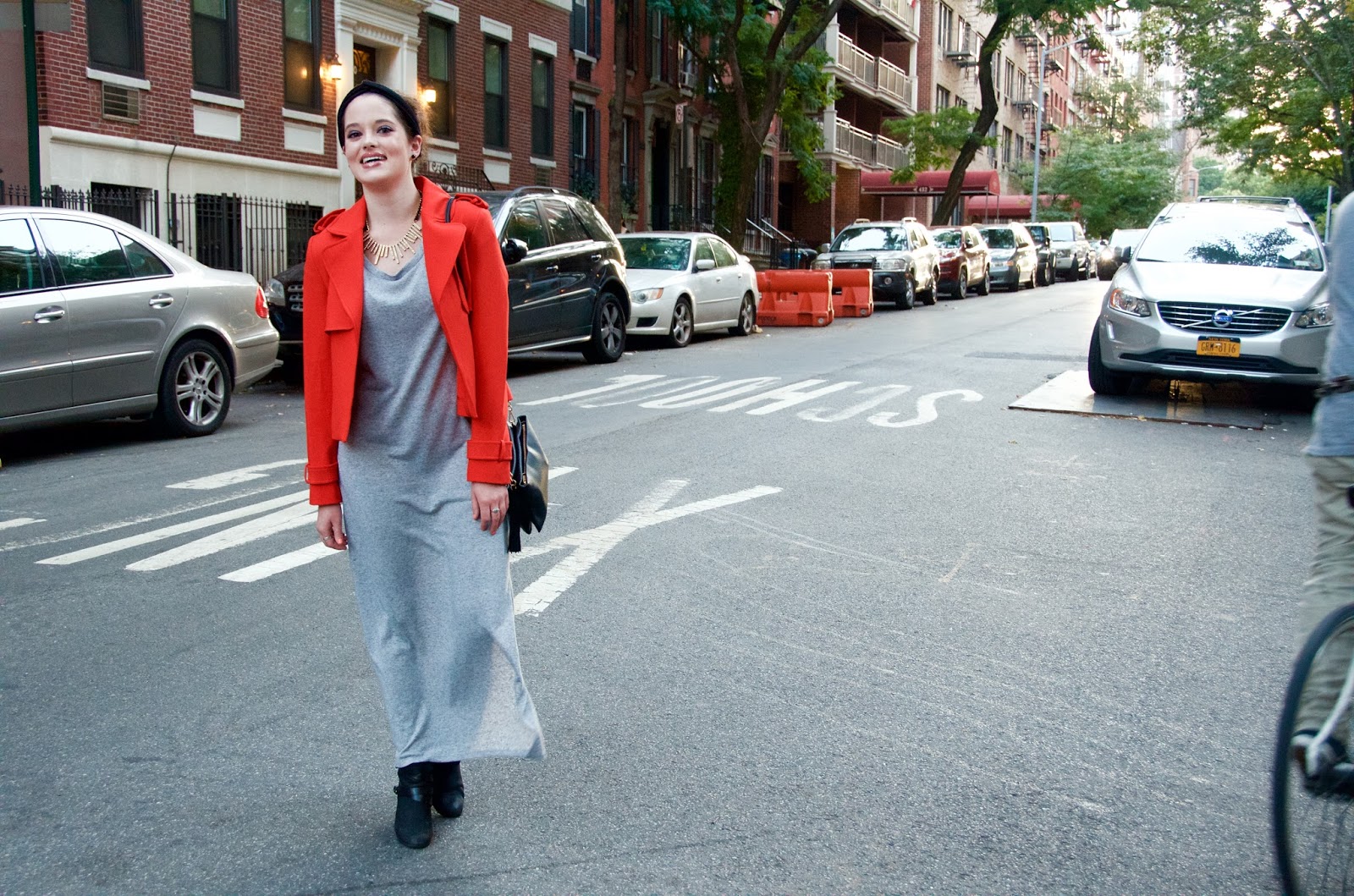 Kathleen's Fashion Fix Orange Crush maxi dress + moto jacket