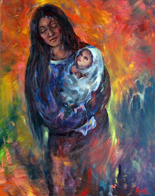 Cuadro al óleo de Rudi impresionista tonos fuertes (rojo, azul, verde), titulo maternidad (madre con niño en brazos)