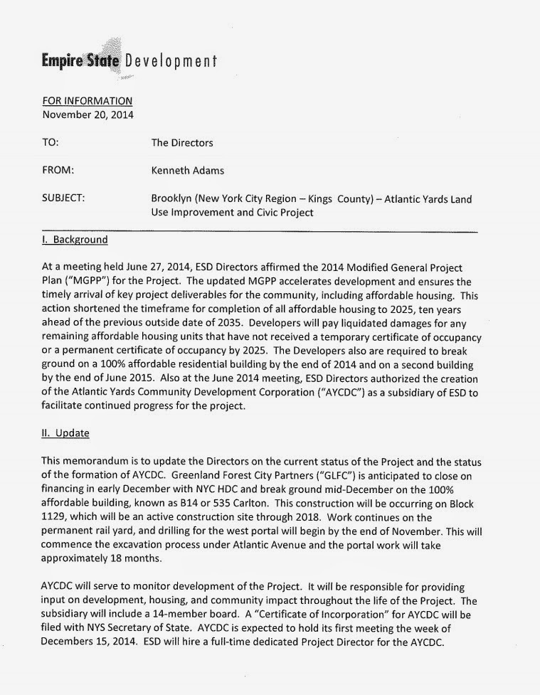 Updated Atlantic Yards informational update on agenda for ESD meeting