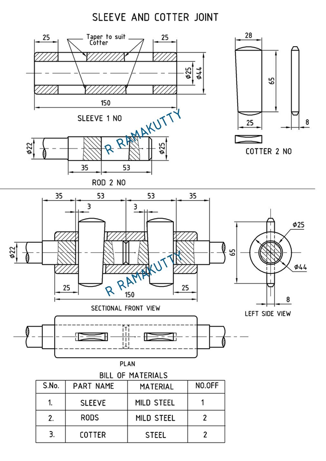 Machine Drawing Sleeve and cotter joint & Socket and spigot joint