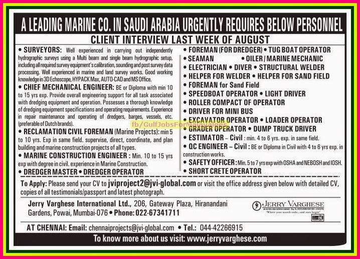 Leading Marine co Job Vacancies for Saudi Arabia Gulf Jobs for Malayalees