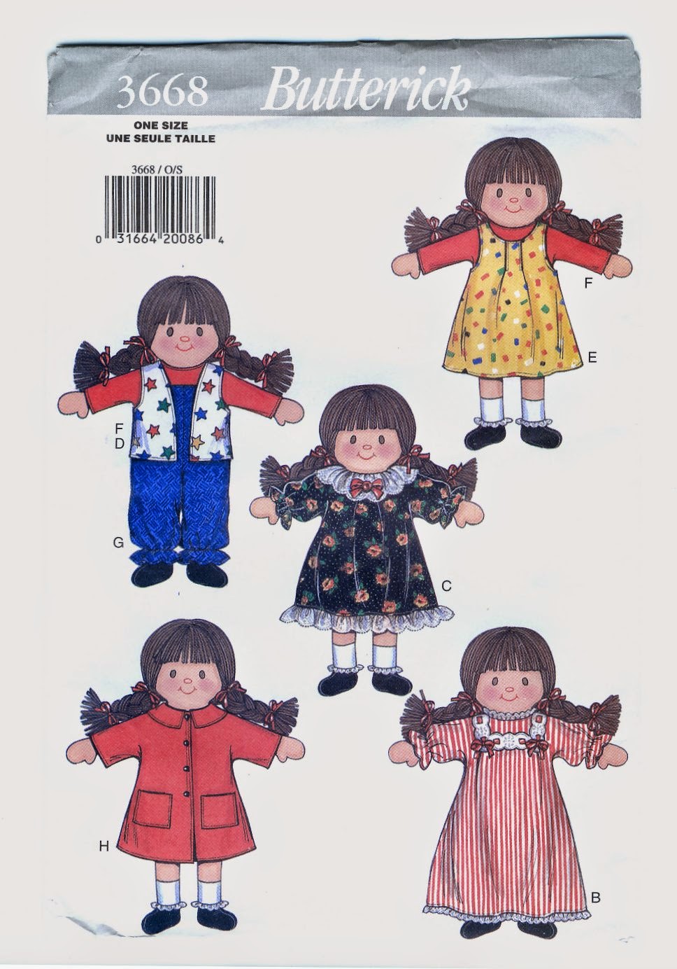 Vintage Cloth Doll Patterns Butterick 3668 Simple 11.5" Doll with