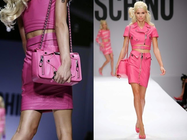 Moschino 2015 S/S Milan, Kirstin Kragh Liljegren Moschino SS15 Barbie Pink Cropped Biker Perfecto Jacket With Leather Pencil Skirt on Runway