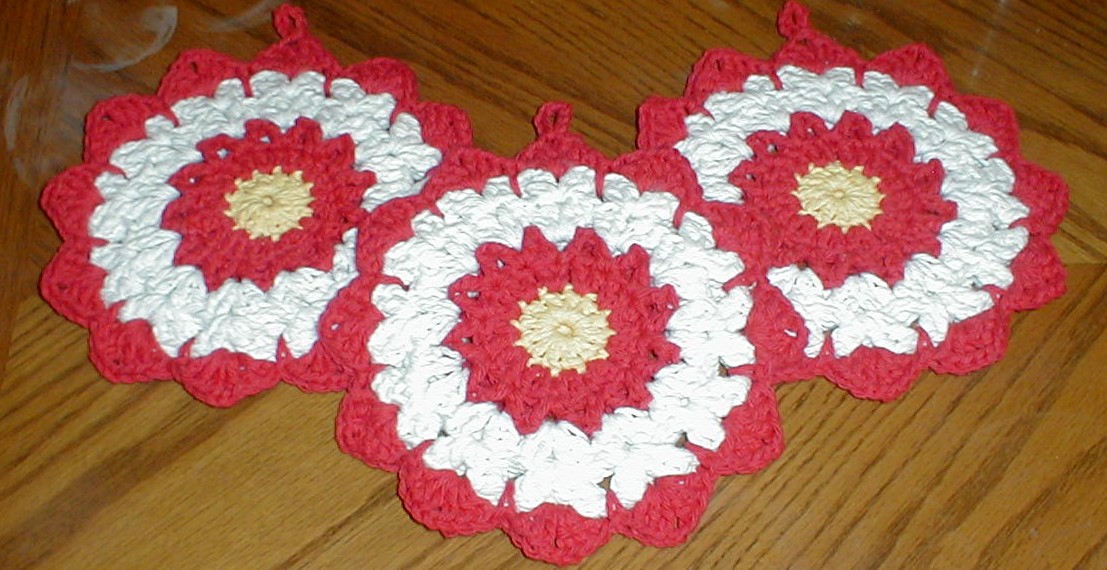 Karens Crocheted Garden of Colors 3 Christmas Potholders