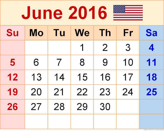 June 2016 Calendar with US Holidays Free, June 2016 Printable Calendar Cute Word Excel PDF Template Download Monthly, June 2016 Blank Calendar Weekly