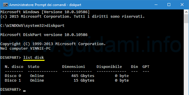 Windows Prompt dei comandi diskpart list disk