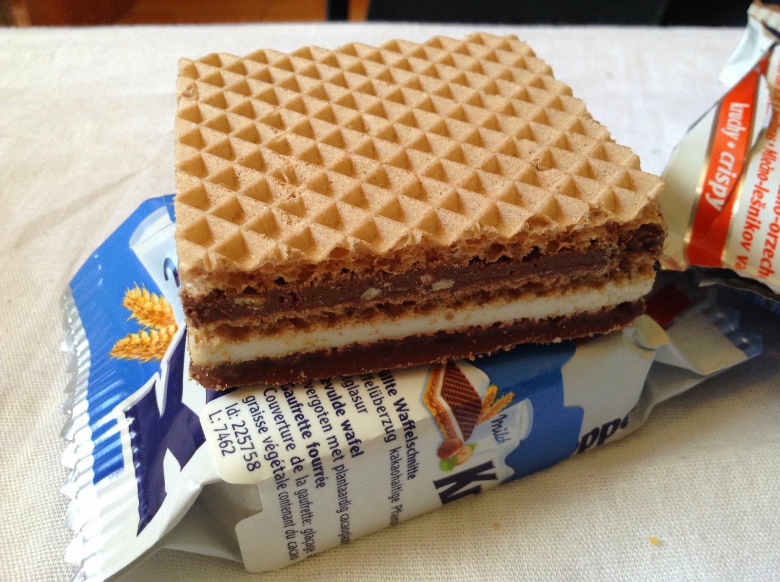 The wafer`s layers: vanilla wafer, a thick hazelnut creme, another waf...
