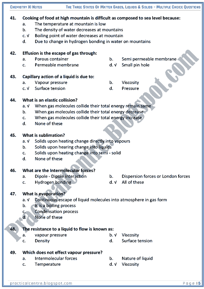 Three States Of Matter Gases, Liquid And Solids - MCQs - Chemistry XI