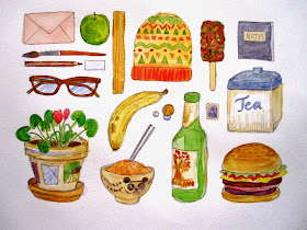 Coloured sketches of  range of  items including an envelope, knitted hat, glasses, banana and burger.